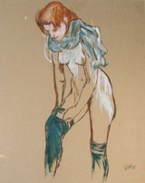 Frau, ihren Strumpf anziehend (nach Toulouse-Lautrec) Pappe, Aquarell - Gouache, 40 x 50, 1989